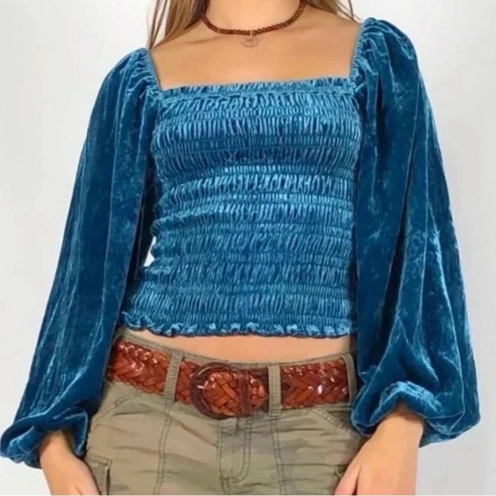 Anthropologie Velvet Smocked Cropped Top Sz XS Teal Fairy Festival Hippie EUC